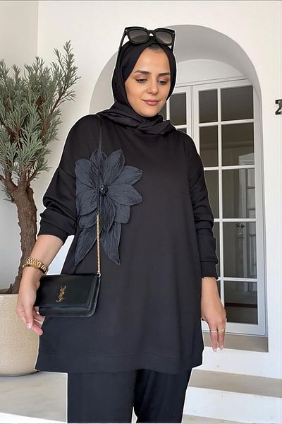 Aselim Hijap Moda Cotton Fabric Flower Detailed Double Suit |   Pants & Tunic with Pockets Black