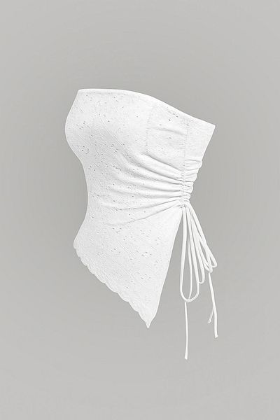 Marin Star White Embroidery Patterned Asymmetrical Lycra Side Gathered Strapless, Summer Strapless Embroidery Patterned Gathered Blouse