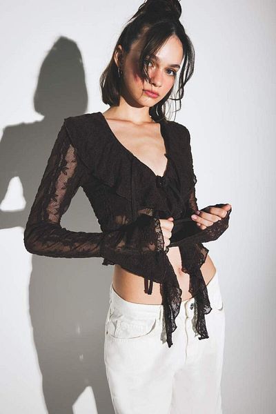 DeFacto New Season Slim Fit Slim Fit V Neck Lace Front Tie Long Sleeve Blouse
