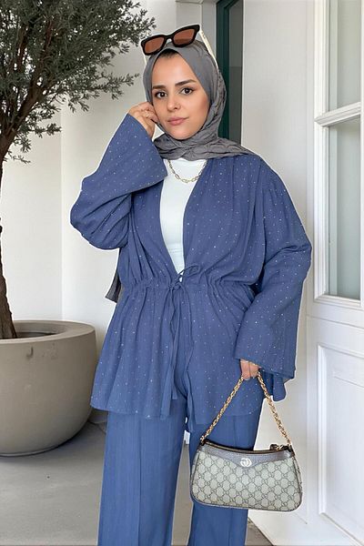 Aselim Hijap Moda Cotton Linen Stone Detailed Double Suit |   Blue