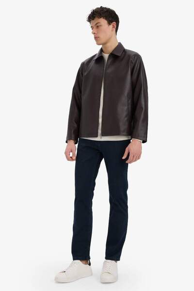 DeFacto New Season Regular Fit Shirt Collar Pocket Zippered Seasonal Inner Pocket Detailed Faux Leather
