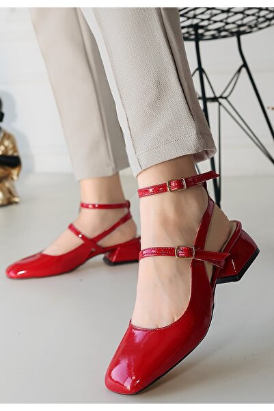 alfaze Open Back Heeled Shoes Patent Leather Red Heel Height 3.5 cm