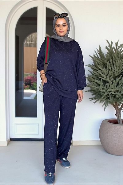 Aselim Hijap Moda Soft Cotton Stone Detailed Sports Double Set |   Comfortable & Seasonless Navy Blue