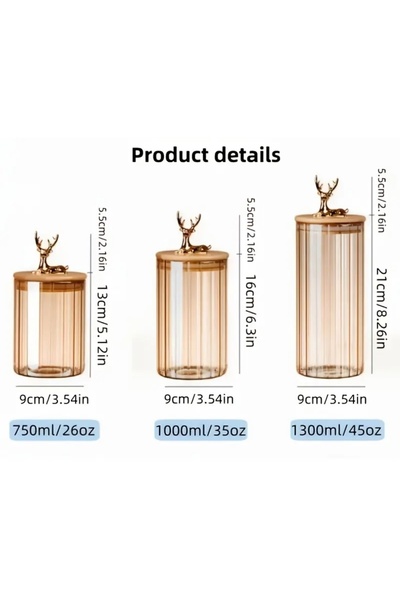 Saatistan Kahverengi kehribar renkli geyikli cam saklama kavanozu 2'li, 600 ml, şık ve kullanışlı