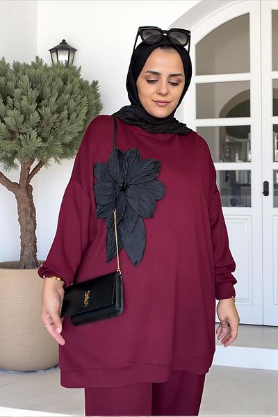 Aselim Hijap Moda Cotton Fabric Flower Detailed Double Suit |   Pants & Tunic with Pockets Burgundy