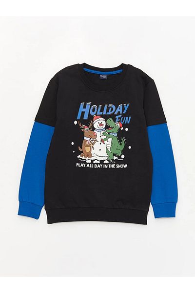 LC Waikiki Lcw Kids Black Crew Neck Christmas Themed Long Sleeve Boys Sweatshirt and Sweatpants
