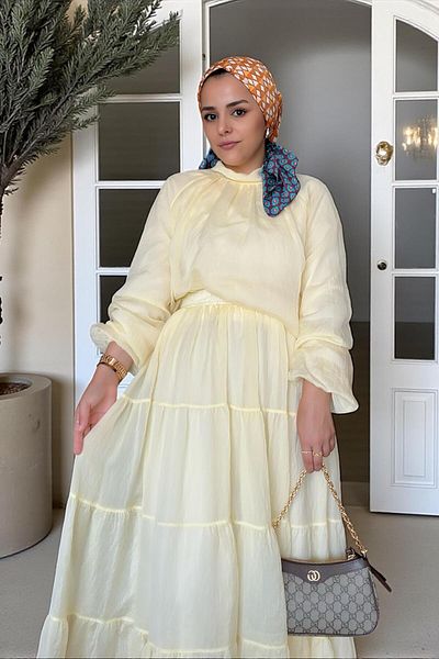 Aselim Hijap Moda Cotton Voile Lined Robe Skirt Suit Yellow