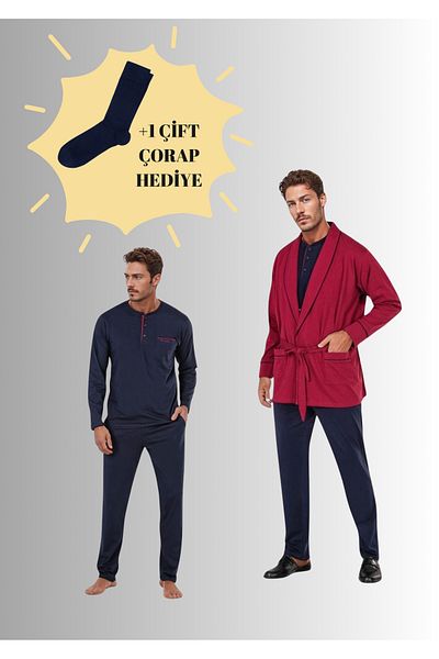 Pierre Cardin Robdöşambırlı Pijama Set 3-Piece Boxed Groom Dowry Set (1 Pair of Socks Gift) 6Pqi7Ekr1Rke6.4L