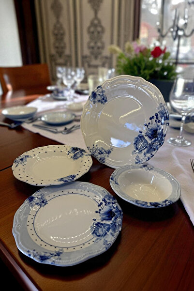 Home Aquarelle 24 Parça Porselen Dijital Baskı 6 Kişilik Yemek Takımı Mavi