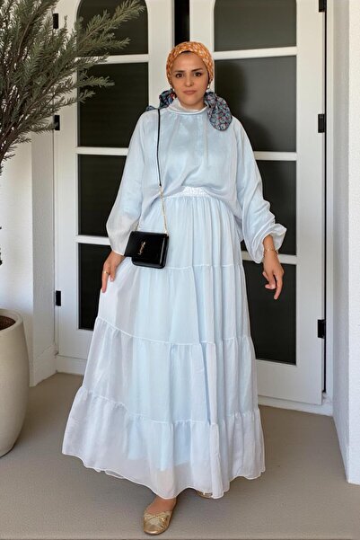 Aselim Hijap Moda Cotton Voile Lined Robe Skirt Suit Blue