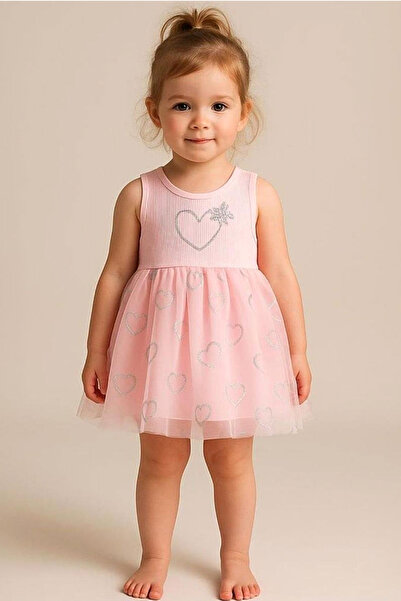 MixMax Bebe Kız Bebek Simli Kalp Desenli Kolsuz Elbise