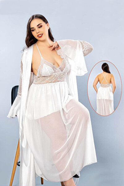Viselya Σετ Δαντέλα τεμαχίων Κεντημένο Λευκό Νυχτικό και Ρόμπα Μεγάλου Μεγέθους