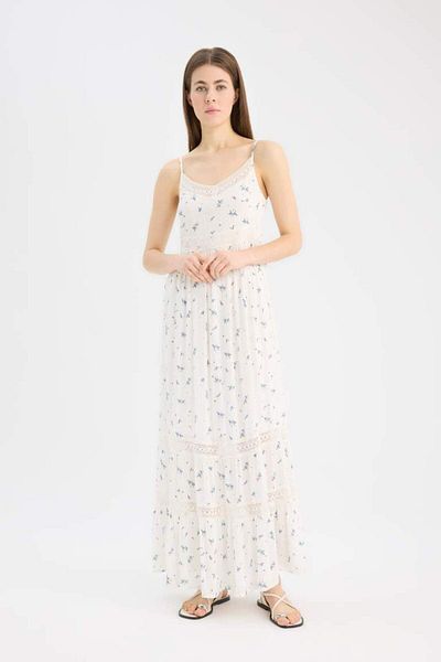 DeFacto New Season A-Line Lace V-Neck Floral Crinkle Fabric Strap Maxi Dress
