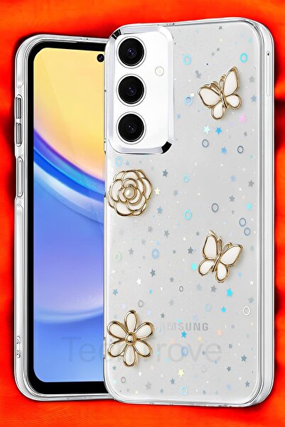 TechTrove Samsung Galaxy S24 FE Kılıf Parlak Çıkartma Tasarımlı Simli Şeffaf ...