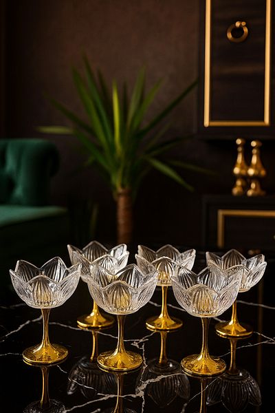Gülümseten Avm Glass Lotus Flower Presentation Stand with Gold Legs – Set of 6 Sugar Bowl Turkish Delight Coffee Side Treats