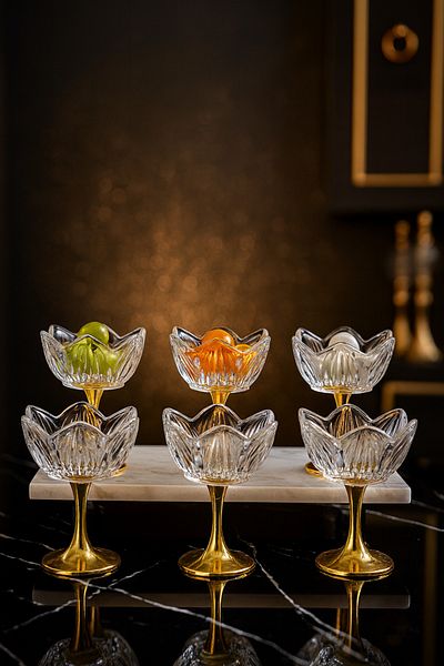 Gülümseten Avm Glass Lotus Flower Presentation Stand with Gold Legs – Set of 6 Sugar Bowl Turkish Delight Coffee Side Treats