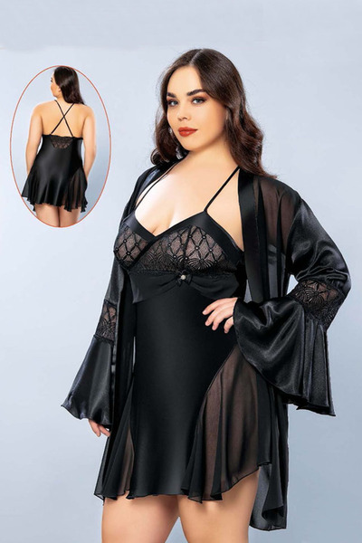 Viselya Set de rochii de noapte negru cu dantelă