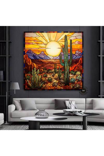 idora Saguaro Kaktüs Kanvas Tablosu, Vitray Tarzı Sonoran Arizona Çöl Resmi, Güneybatı Sanatı