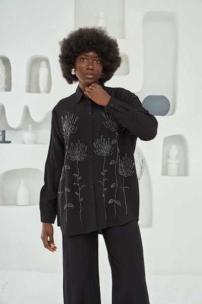 MİA NOURA Women's Front Bead Embroidered Oversize Shirt