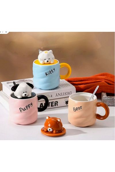 Generic Cute animal design ceramic mug with animal head lids and spoon