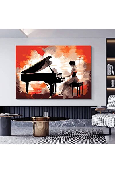 idora Piyano Çalan Kadın Kanvası, Renkli Müzik Temalı Ev Dekoru