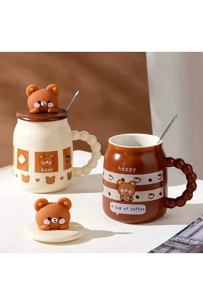 Generic Cute bear design ceramic mug, suitable for hot drinks, with lid and spoon