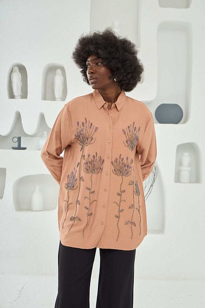 MİA NOURA Women's Front Bead Embroidered Oversize Shirt