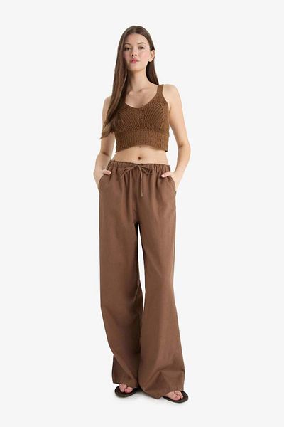 DeFacto New Season Wide Leg Double Pocket Elastic Waist Standard Length Linen Blended Trousers