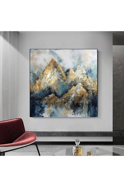 idora Soyut Sanat Kanvası – Altın Dağlar; Dağ Manzarası Duvar Dekoru; Beyaz Bulutlar Kanvas