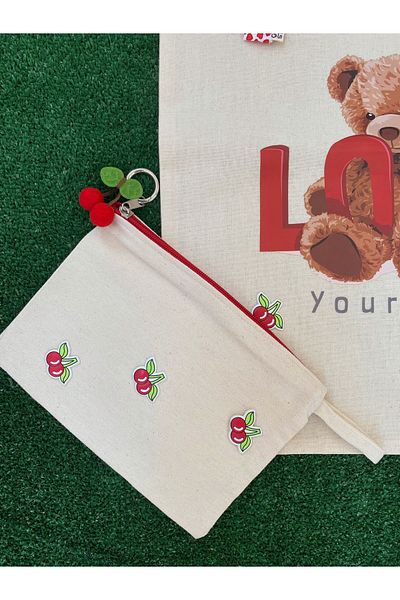 GOER STORE Red Teddy Bear - Cherry Charm Detailed Cotton Tote Bag - Makeup Bag
