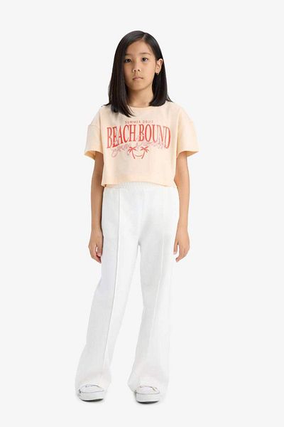 DeFacto New Season Girl's Crop Crew Neck Printed Short Sleeve T-Shirt