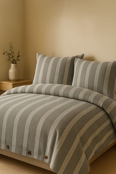 PureText |   Pure Sense |   100% Cotton Washed Yarn Dyed Double Striped Duvet Cover Set |   Smoked