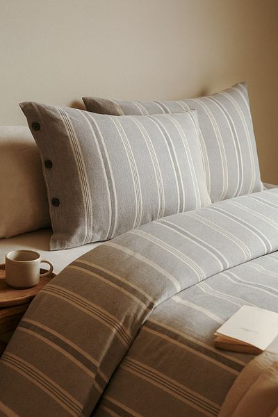 PureText |   Pure Sense |   100% Cotton Washed Yarn Dyed Double Striped Duvet Cover Set |   Light Gray