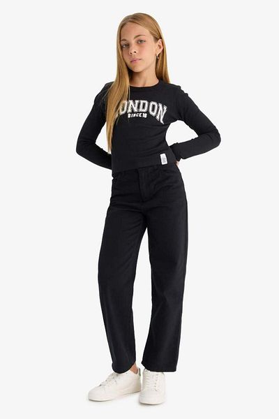 DeFacto New Season Girls' Straight Fit Wide Loose Leg Cotton School Trousers with Pockets