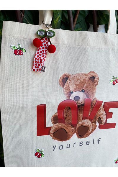 GOER STORE Red Teddy Bear - Cherry Charm Detailed Cotton Cloth Bag