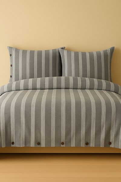 PureText |   Pure Sense |   100% Cotton Washed Yarn Dyed Double Striped Duvet Cover Set |   Smoked