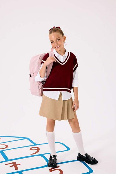 DeFacto New Season Girls' School Pleated Gabardine Shorts Skirt with Elastic Waist
