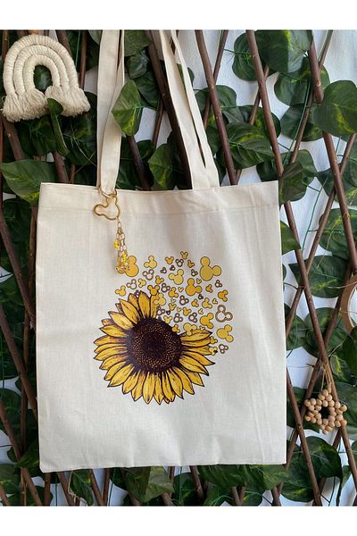 GOER STORE Yellow Sunflower - Cotton Cloth Bag with Mickey Charm Detail