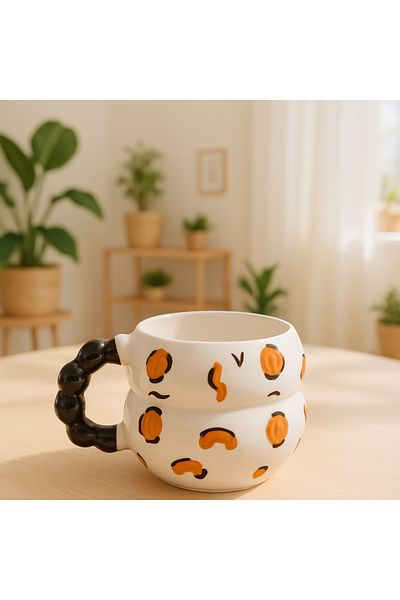 İZart Beaded Handle Katmer Leopard Pattern Special Design Handmade Hand Embroidered Ceramic Mug