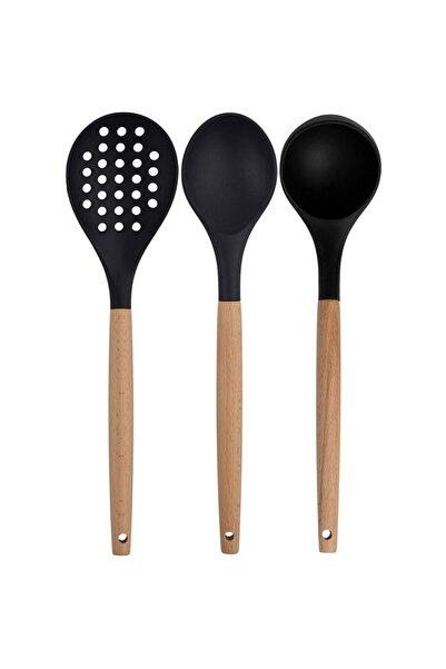 Atlas Mutfak Black Bamboo Handle Silicone Serving Set 6 Pieces, Ladle, Spoon,...