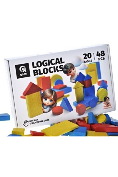 qbee Set de blocuri de lemn, 48 de piese, 20 de sarcini, multicolore