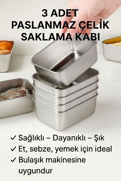 Coverzone Set of 3 Stainless Steel Storage Containers |   Healthy, Hygienic, Long Lasting