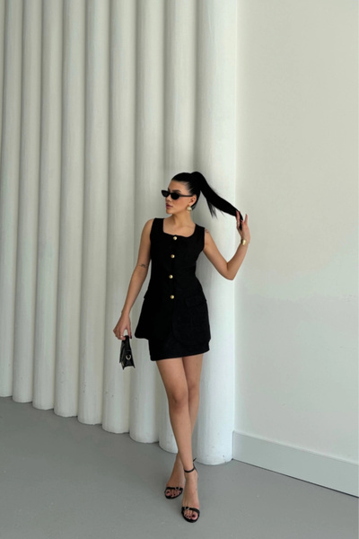 MODA Jacquard Linen Vest - Short Skirt Suit - Black