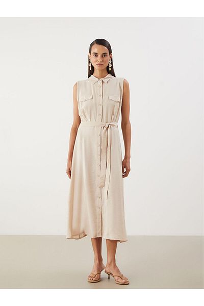 LC Waikiki Lcwaikiki Classic Beige Waist Belted Shirt Dress S5Q732Z8Nvy25