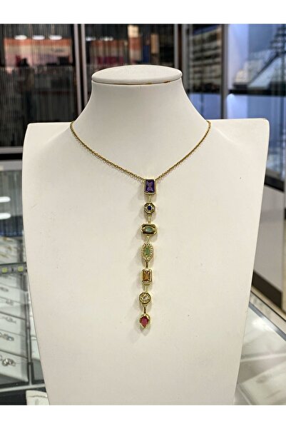 Moda Accessories 7 Element Renkli Taşlı Altın Kaplama Çelik Y Kolye