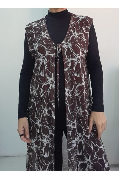 Mertcan Butik Brown Floral Print V Lace-Up Sleeveless Tulle Vest