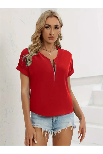 Genel Markalar Kadın Kısa Kollu V Yaka Fermuarlı Salaş Sandy Bluz