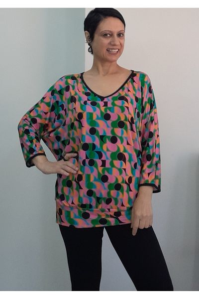 Mertcan Butik Multicolored V-Neck Bat Three-Quarter Sleeve Skirt Cuff Combed Viscose T-Shirt