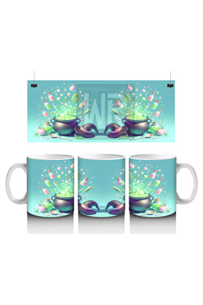 Wisdom Rain كوب مطبوع عليه الهالوين مع اليقطين النيون والحلوى على خلفية فيروزية