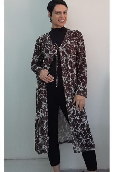 Mertcan Butik Brown Floral Print V-Neck Front Lace-Up Long-Sleeved Tulle Jacket